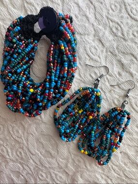 Authentic African Multicolor Beaded Bracelet & Earring Set - Turquoise Accent.